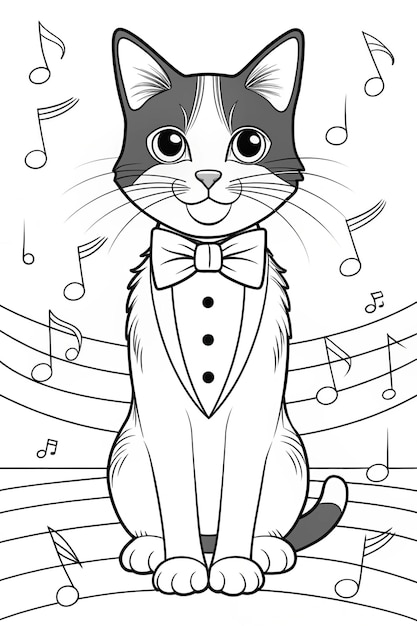 Dapper Cat with Bow Tie Coloring Page Elegant Line Art with Musical Accents