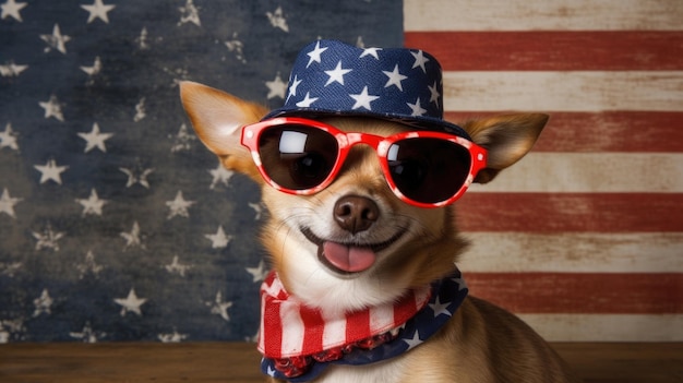 A dapper chih dog dressed in a stylish suit celebrates America's Independence Day with flair exuding charm and patriotic elegance generated ai