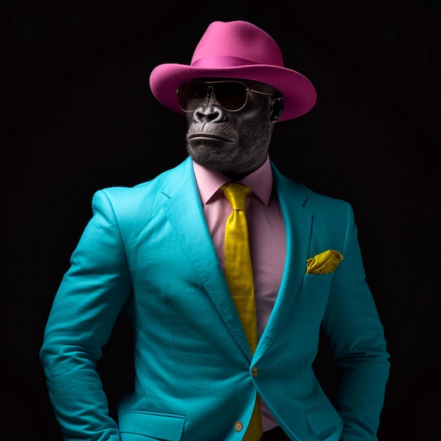 A dapper cyan gorilla yellow 3 piece suit vantablack Generative AI