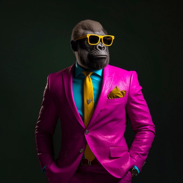 A dapper cyan gorilla yellow 3 piece suit vantablack Generative AI