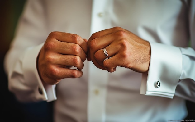 Photo dapper gentleman adjusting cufflinks on crisp dress shirt