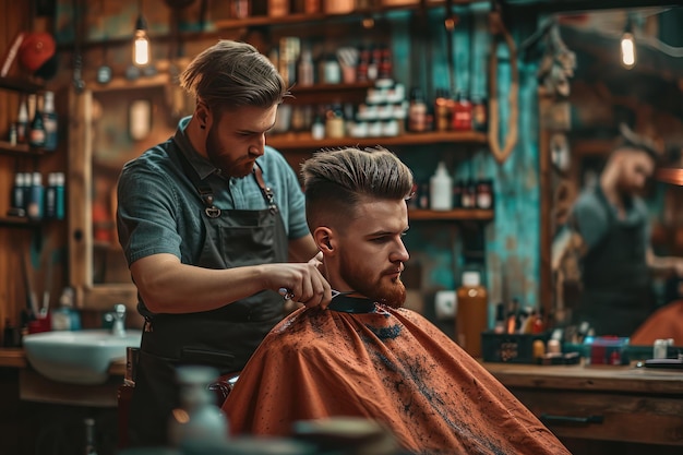 A dapper hairstylist trims the hair of a male customer Generative Ai