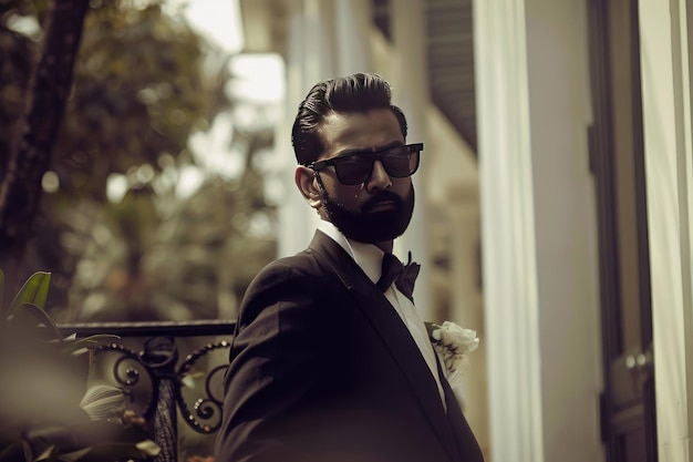 Photo a dapper indian man showcases his impeccable fashion sense in a sleek fashion shot exuding confidence and charm