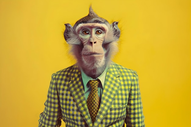 Dapper Primate Posing in Houndstooth Suit and Tie for Surreal Portrait