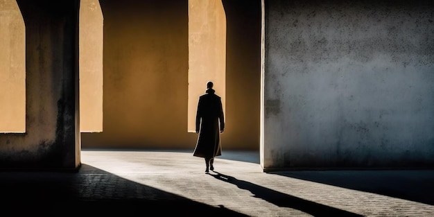 Dappled shadow a lone man with glowing light in the middle of a brutalist covent in city