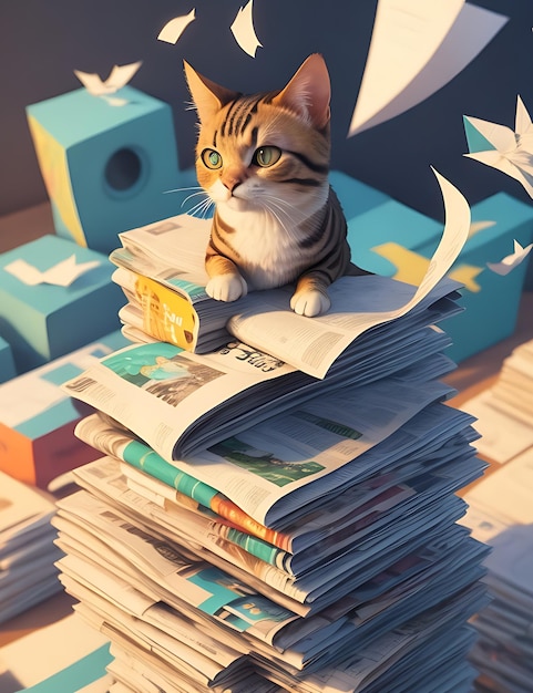 A daring cat perched atop a stack of newspapers surrounded by a flurry of streamers