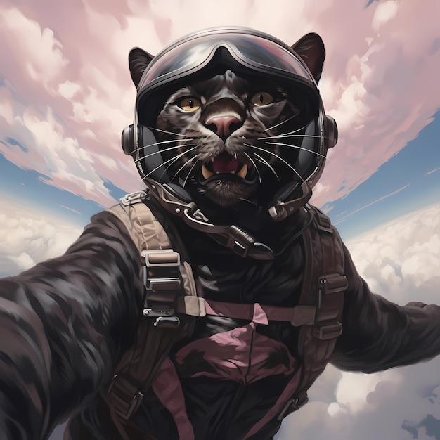 Daring Diva Female Panther with Pink Nails Takes the Leap into Skydiving with a Parachute