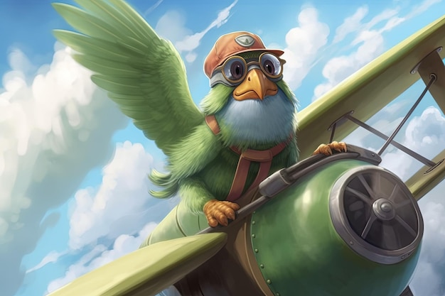 Daring parrot wearing an aviator hat and goggles flying a biplane through a cloudy sky towards an unknown adventure big eyes cartoon style illustration generative ai