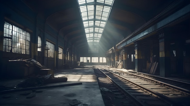 A dark abandoned warehouse with a light coming through the window