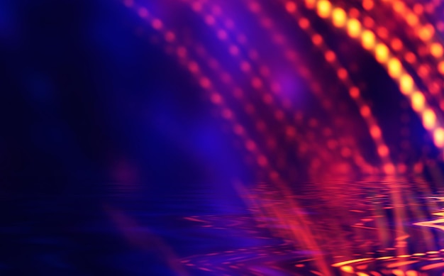 Dark abstract background of a beach party. Neon blurred bokeh lights, neon light lines reflected on the water. 3d illustration