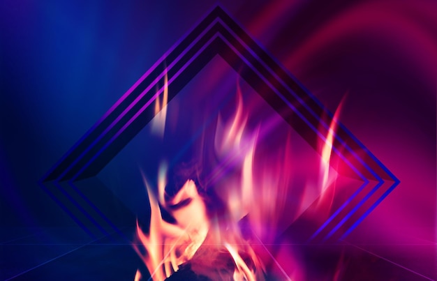 Dark abstract background Neon geometric 3d figure in flames ultraviolet smoke 3d illustration