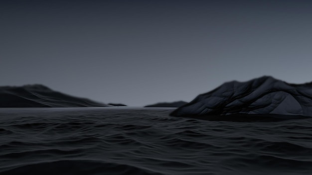 Dark abstract landscape Dark mountains in the fog among the water Darkness among the mountains and ripples of waves in the fog Minimalistic dark cloudy landscape 3D render