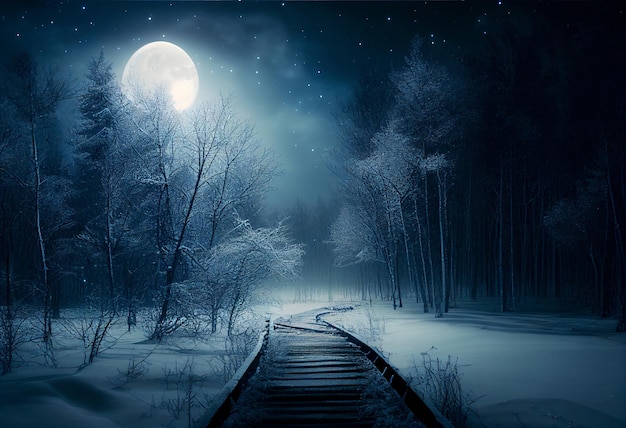 Dark abstract winter forest in full moon and railway road illustration AI generative