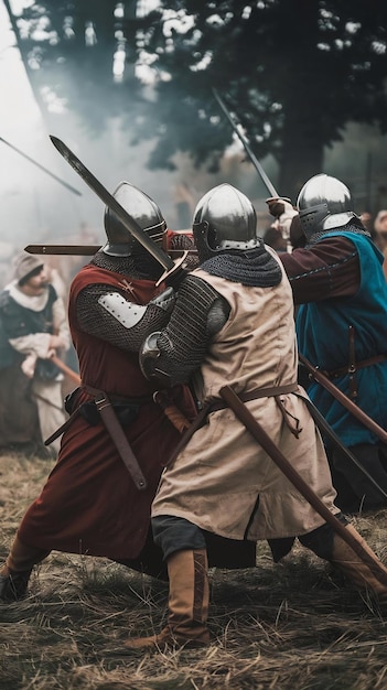 Photo dark age battlefield two armored medieval knights fighting with swords