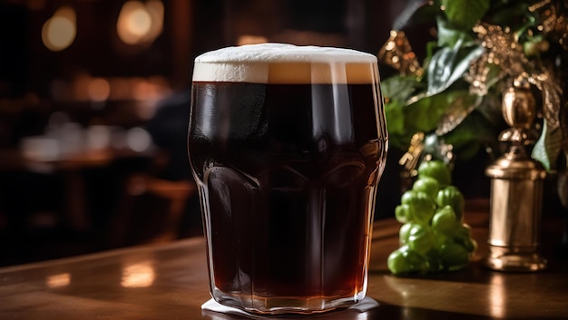 Photo dark ale with rich foam head on restaurant table with elegant refined decor