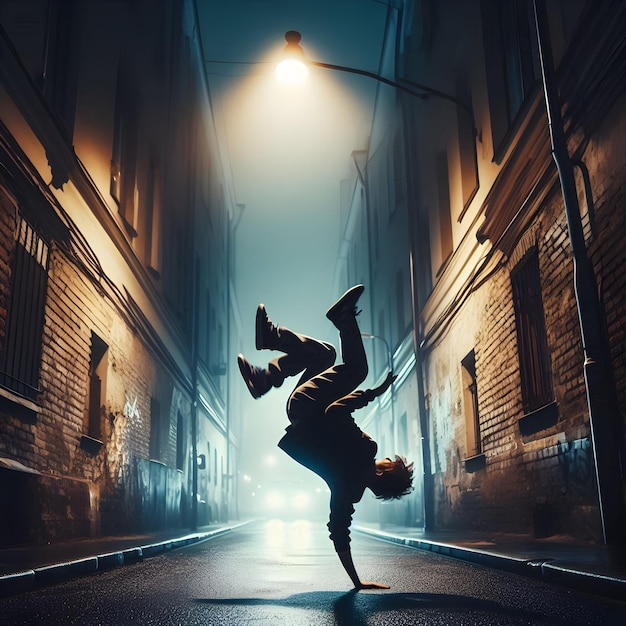 Photo in the dark alley under the flickering streetlight a lone breakdancer spins and twists with effortl