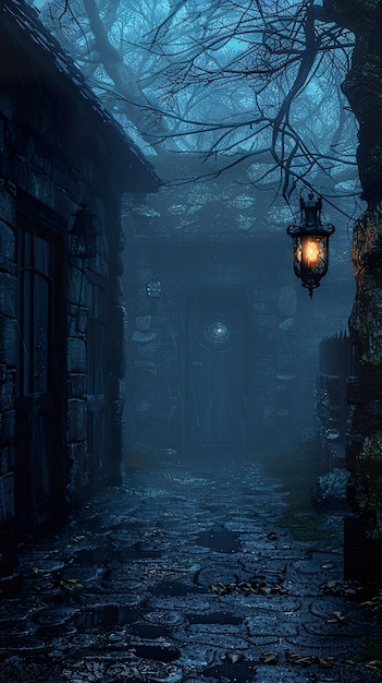 a dark alley with a lantern on it