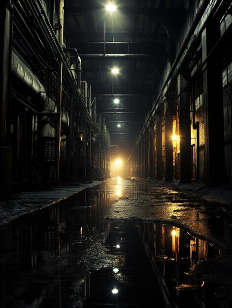 Photo a dark alley with a light on it and a light on the right