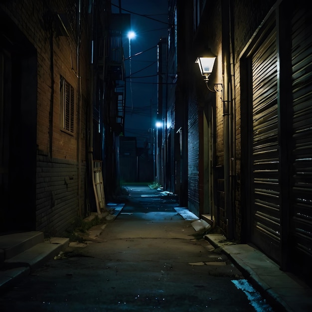 a dark alley with a light on it that is on a dark street