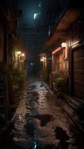 A dark alley with lights on the ground