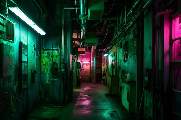 A dark alley with neon lights and a sign that says'the word " on it