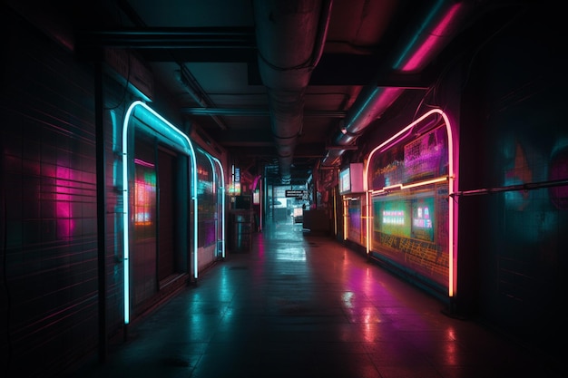 A dark alley with neon signs and a sign that says neon.