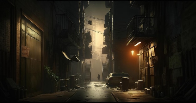 A dark alley with a person standing in the middle of it