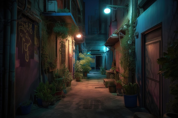 A dark alley with a planter on the left and a sign that says'the word'on the right.