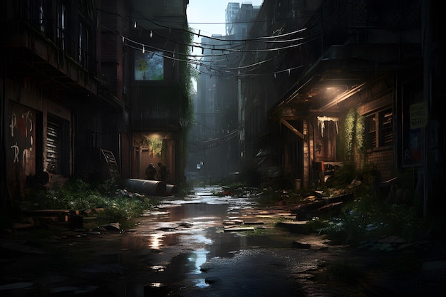 A dark alley with a sign that says'ghost in the shell '