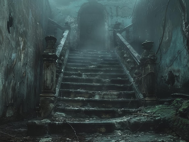 a dark alley with stairs leading to a dark alley