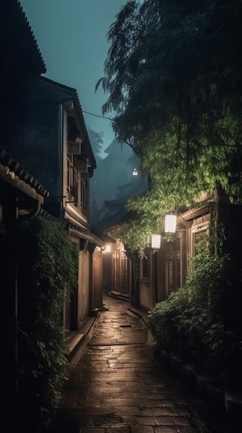 A dark alley with a street and a light on it