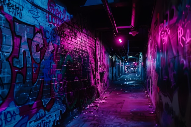 Dark alleyway with walls covered in graffiti art