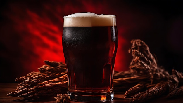 Photo dark amber ale on red background