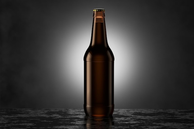 Dark amber bottle with beer on a dark background d render