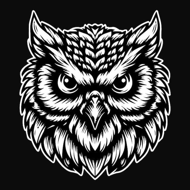 Photo dark art scary owl head black and white illustration