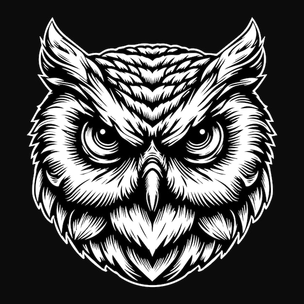 Dark Art Scary Owl Head Black and White Illustration