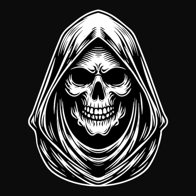 Dark Art Scary Skull Reaper Ghost Head Black and White Illustration