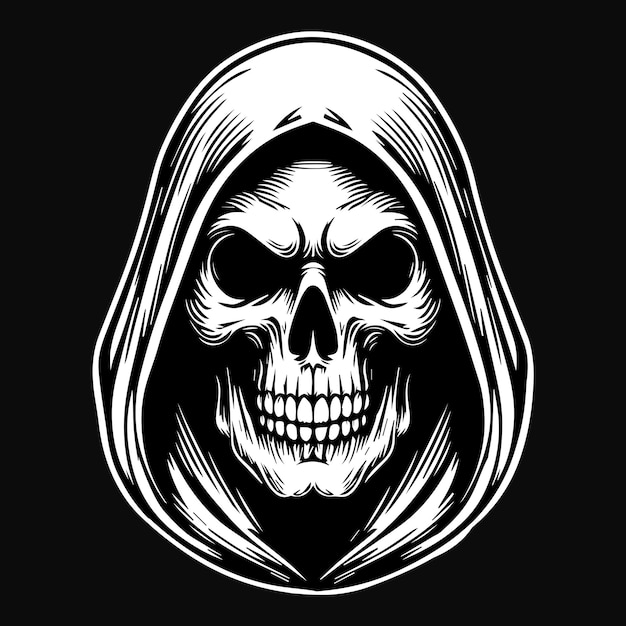 Dark Art Scary Skull Reaper Ghost Head Black and White Illustration