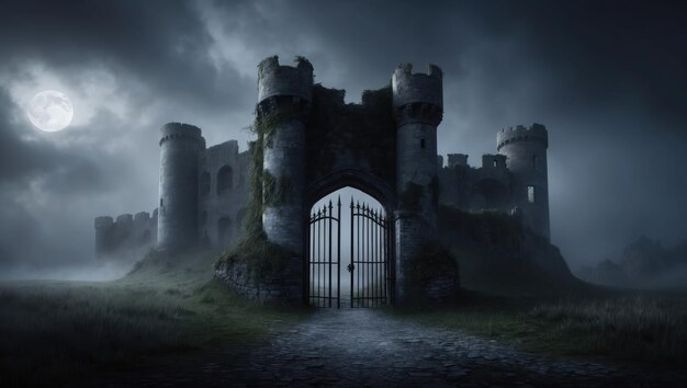 A dark atmospheric castle under a full moon perfect for spooky themes