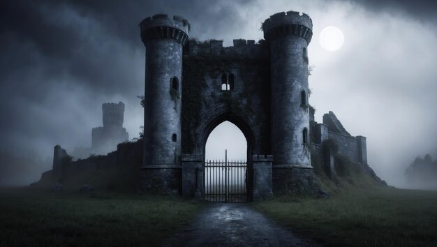 A dark atmospheric castle under a full moon perfect for spooky themes