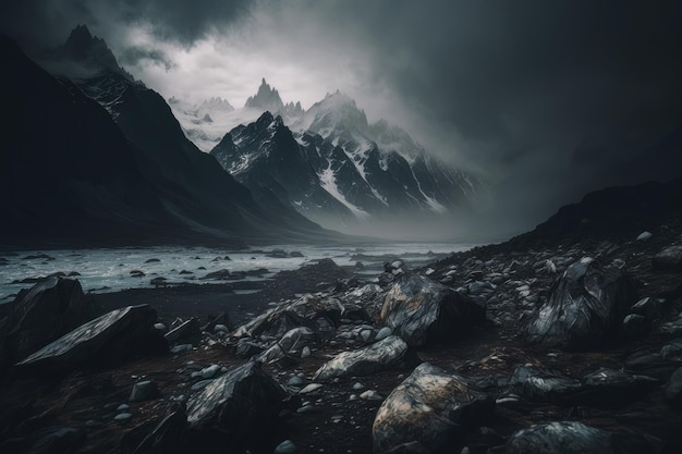 Dark atmospheric mountain landscape with glacier on black background Illustration AI Generative