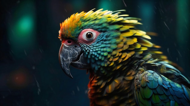 Dark azure and yellow parrot on a green background