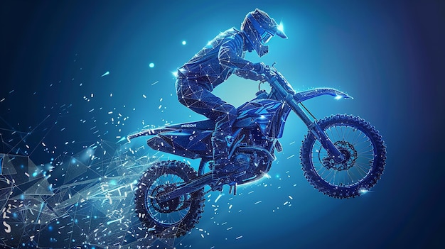 In a dark backdrop an abstract wireframe with a biker riding bike with a big space for text or product backdrop Generative AI