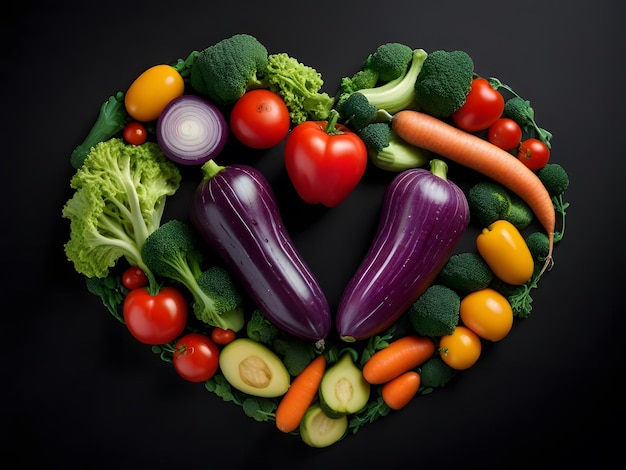 A dark backdrop with a heart shaped vegetable in the centre Diet and good living