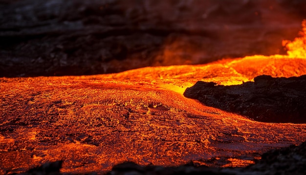 Photo dark backdrop with streaks of bright molten hot lava abstract pattern