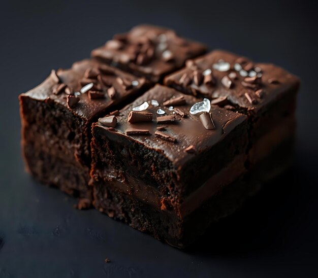 Photo dark background brownies with chocolate shavings closeup