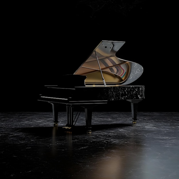 Dark background featuring beautifully rendered grand piano image