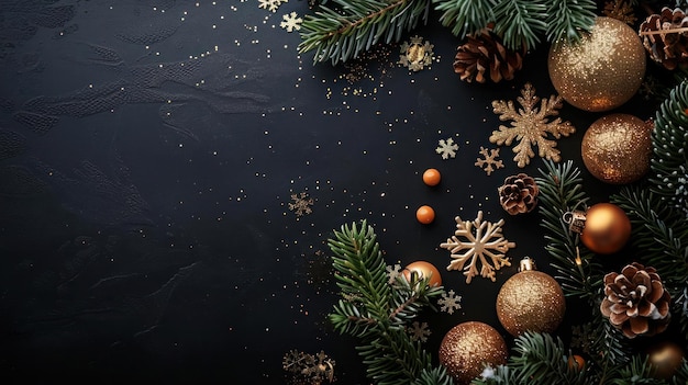 A dark background is adorned with gold ornaments pine branches and snowflakes