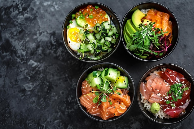 Photo dark background poke bowls trio