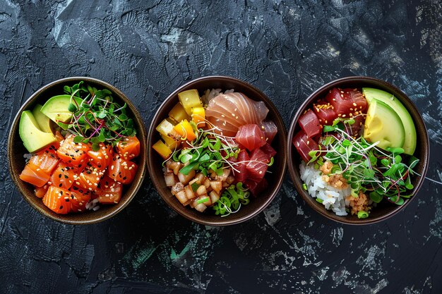 Photo dark background poke bowls trio